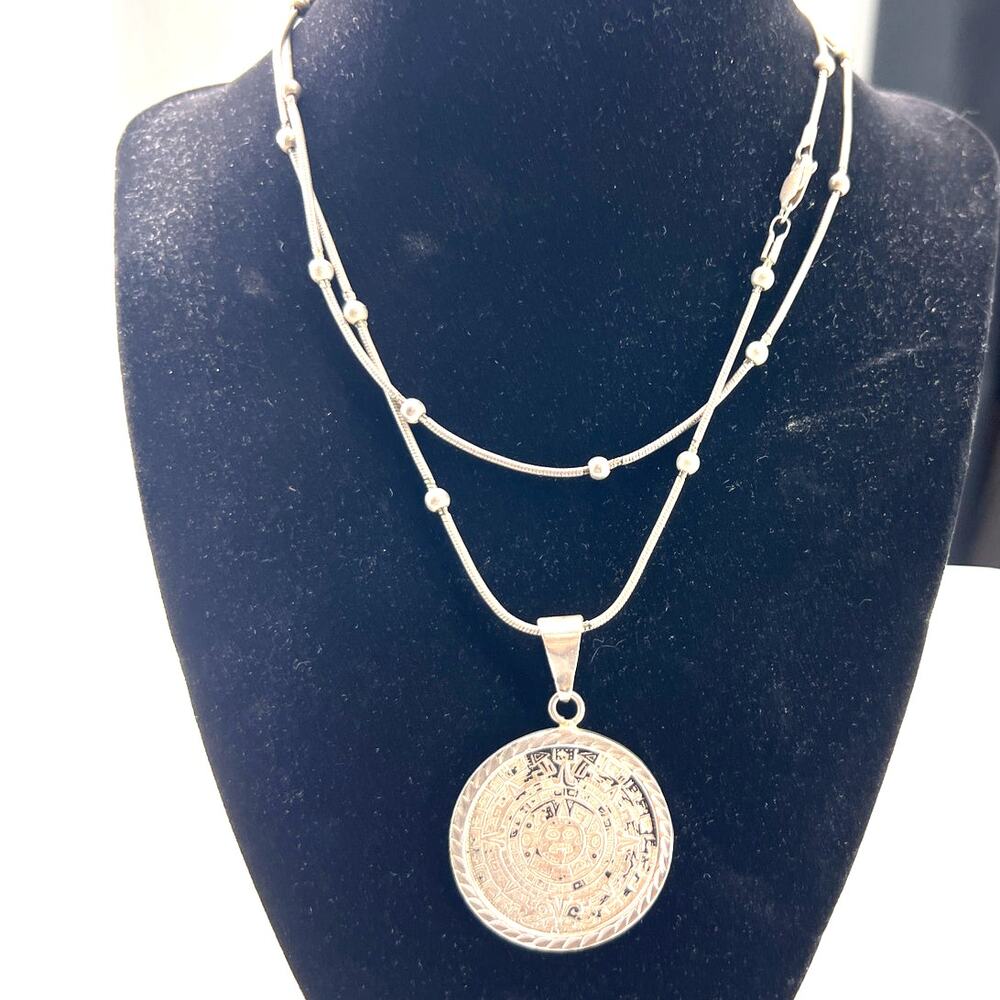 Aztec calendar pendant necklace crafted 725 sterling silver 16" coin medallion
